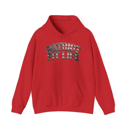 A red pullover hoodie with a front kangaroo pocket and a drawstring hood, featuring the text 'PATRIOT FIT LIFE' printed across the chest in a camouflage pattern.