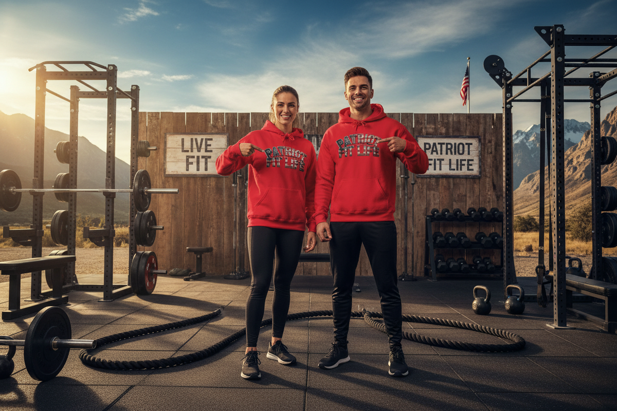A man and a woman standing in a rustic outdoor gym wearing matching red hoodies with 'PATRIOT FIT LIFE' printed on the front, posing in front of a wooden wall with mountain scenery in the background.