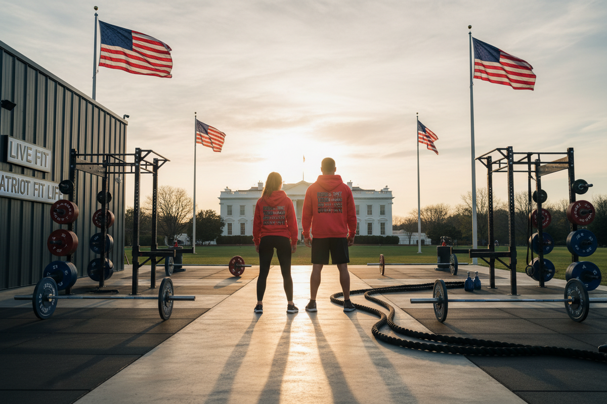 Two people standing with their backs to the camera in a sunrise outdoor gym setting with the White House in the background, wearing matching red hoodies with a patriotic graphic on the back that reads, PEOPLE THAT TRAIN HARD AND LOVE THEIR COUNTRY!. American flags, weight racks, and battle ropes are visible.