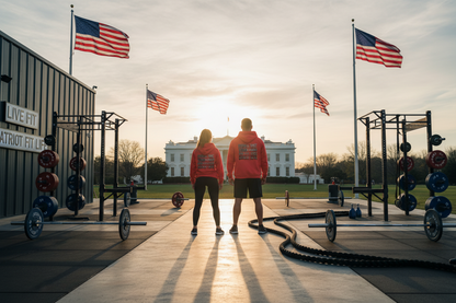 Two people standing with their backs to the camera in a sunrise outdoor gym setting with the White House in the background, wearing matching red hoodies with a patriotic graphic on the back that reads, PEOPLE THAT TRAIN HARD AND LOVE THEIR COUNTRY!. American flags, weight racks, and battle ropes are visible.
