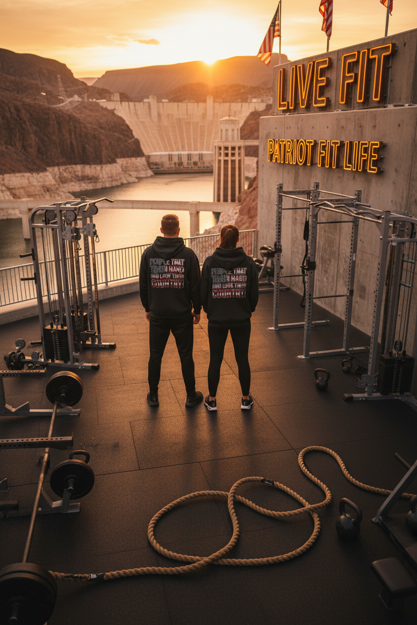 A male and a female standing in an outdoor gym with free weights and battle ropes, looking out at the Hoover Dam at sunset. Both wearing black hoodies with text on the back that reads 'PEOPLE THAT 'TRAIN HARD AND LOVE THEIR COUNTRY!
