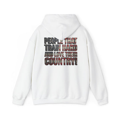 A white pullover hoodie shown from the back, featuring a graphic text print that reads 'PEOPLE THAT TRAIN HARD AND LOVE THEIR COUNTRY!' in a distressed camouflage pattern.
