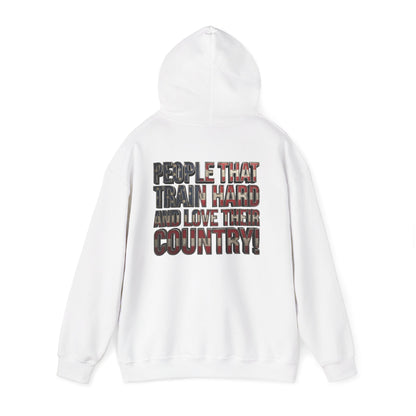 A white pullover hoodie shown from the back, featuring a large graphic text print that reads 'PEOPLE THAT TRAIN HARD AND LOVE THEIR COUNTRY!' filled with a distressed camouflage pattern.