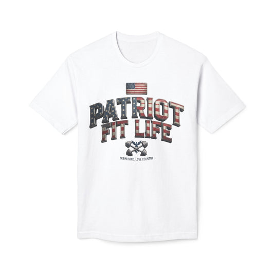 A white short-sleeve crewneck t-shirt featuring a graphic on the front with an American flag, the text 'PATRIOT FIT LIFE' in a distressed American flag pattern, and 'TRAIN HARD. LOVE COUNTRY.