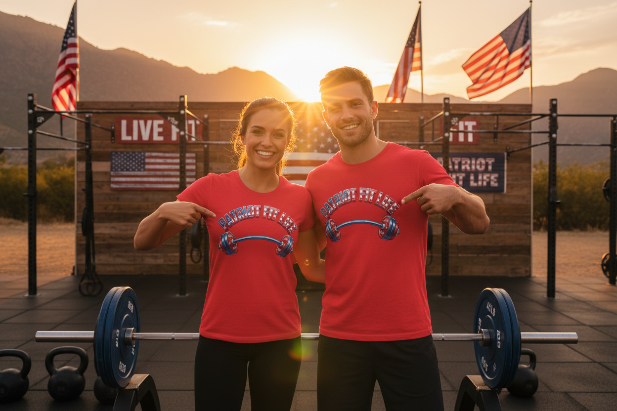Two smiling fitness enthusiasts are posing at sunset at an outdoor gym, wearing matching red t-shirts with a red, white, and blue barbell graphic that reads 'Patriot Fit Life' and pointing to the design.