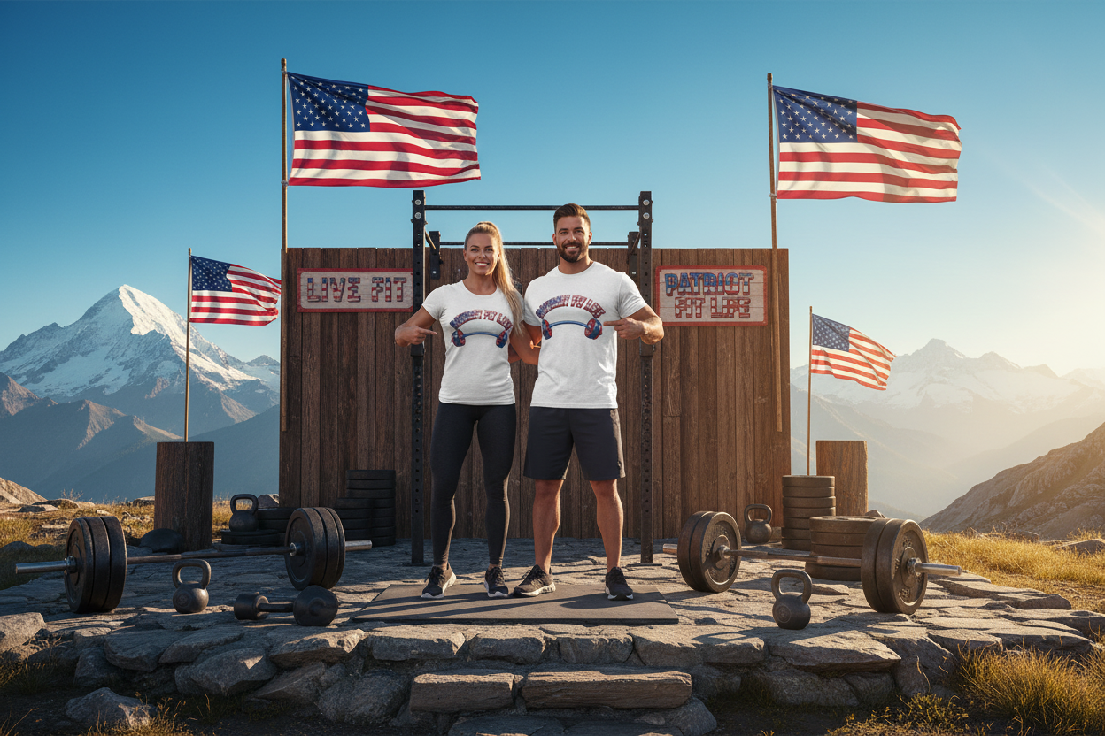 Two people are standing outdoors in front of a rustic wooden weight platform with mountains and American flags in the background, wearing matching Patriot Fit Life white athletic T-shirts and dark shorts.