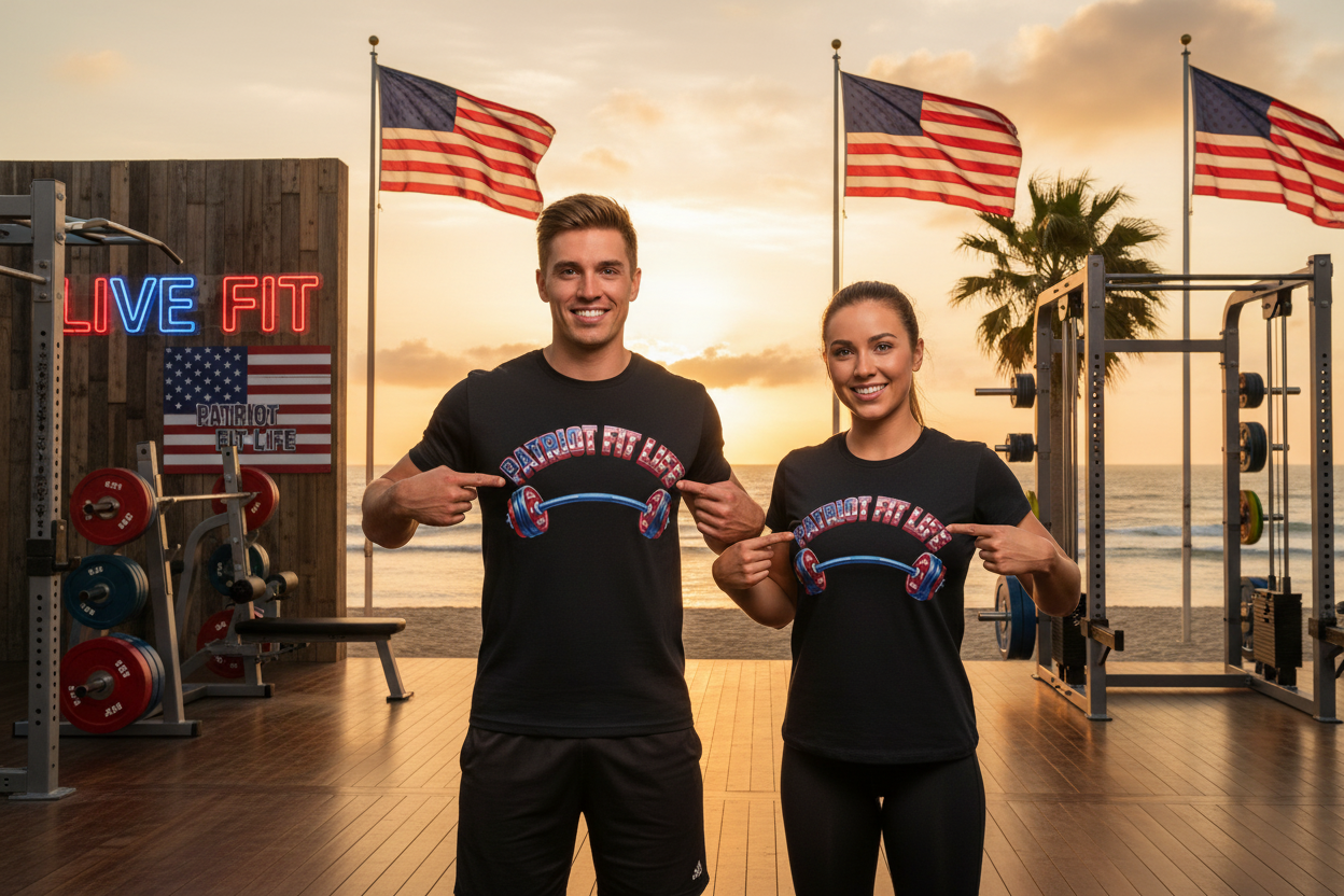 Two people are standing in a gym at sunset, wearing matching black t-shirts with a red, white, and blue graphic that reads 'Patriot Fit Life,' and pointing at the chest print. American flags, weights, and a beach backdrop are visible behind them.