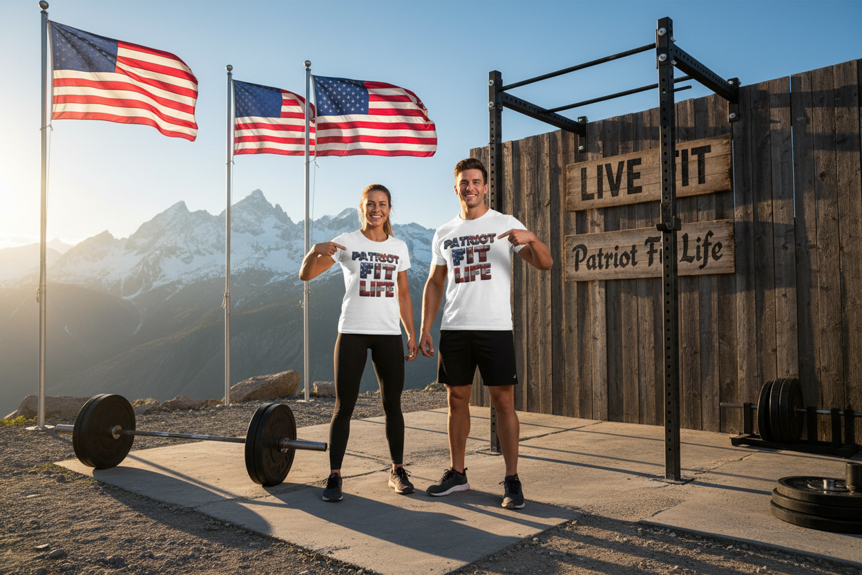 A white short-sleeve crewneck t-shirt featuring a distressed graphic print on the front that reads 'PATRIOT FIT LIFE' in a textured American flag pattern of red, white, and blue.