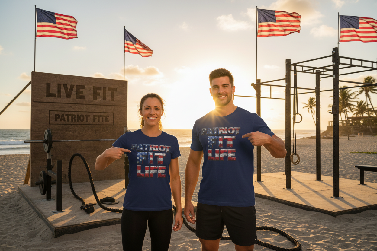 A navy blue short-sleeve t-shirt with a distressed graphic on the chest that reads 'PATRIOT FIT LIFE' filled with an American flag pattern.