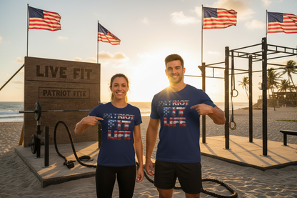 A navy blue short-sleeve t-shirt with a distressed graphic on the chest that reads 'PATRIOT FIT LIFE' filled with an American flag pattern.