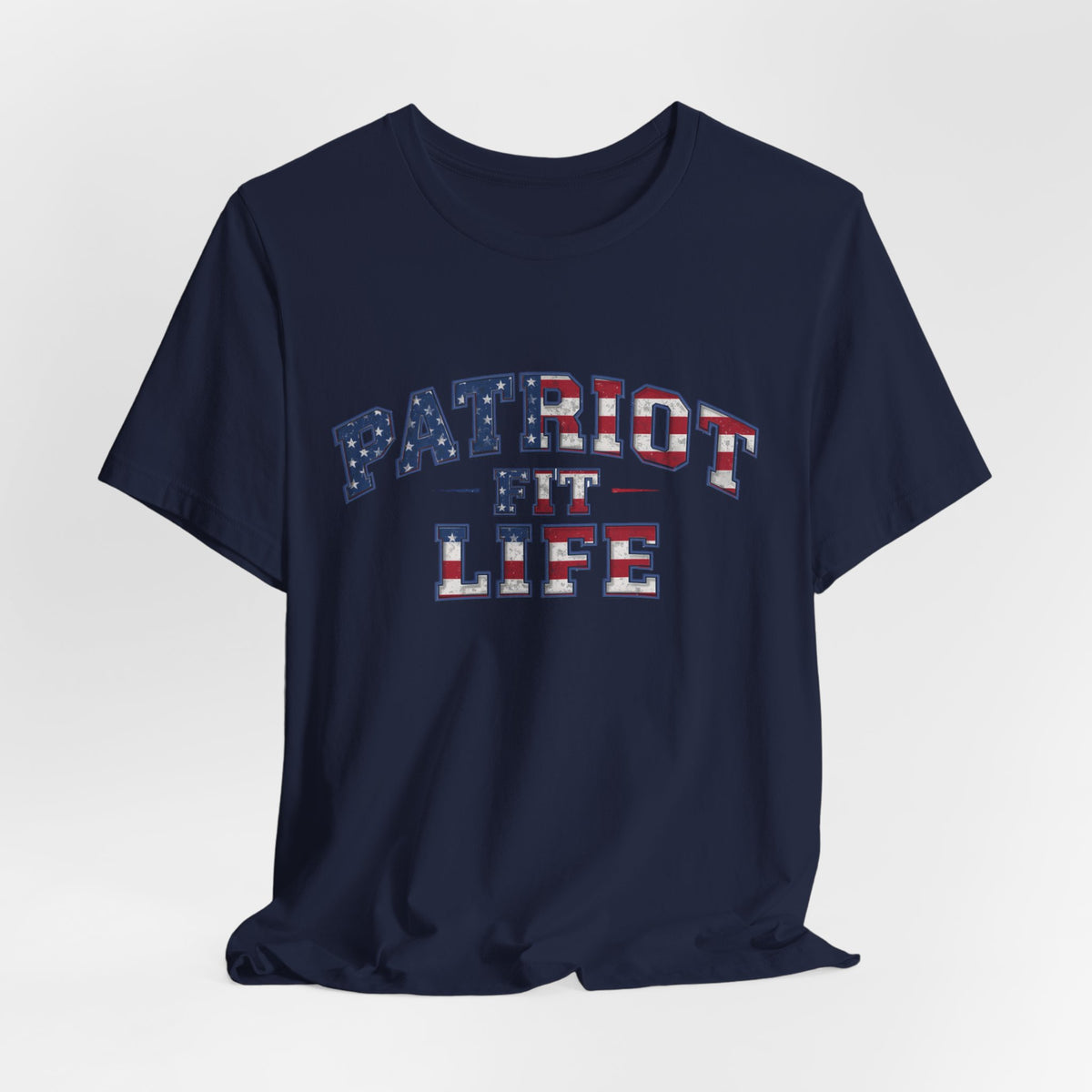 Navy blue t-shirt with Patriot Fit Life text with American flag lettering colors on a navy-colored background.