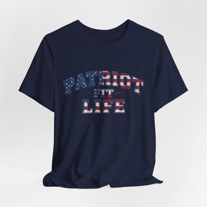 Navy blue t-shirt with Patriot Fit Life text with American flag lettering colors on a navy-colored background.