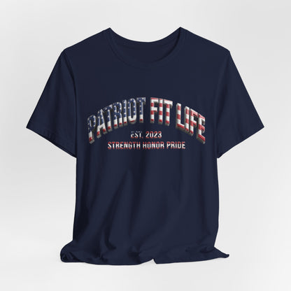 Black t-shirt with Patriot Fit Life colorful red, white, and blue text against a white background.