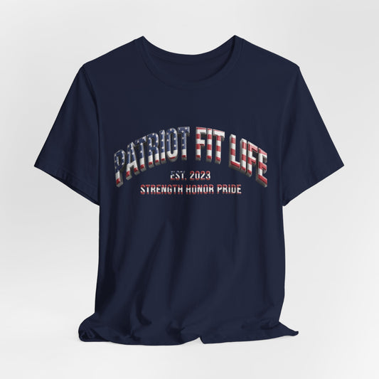 Black t-shirt with Patriot Fit Life colorful red, white, and blue text against a white background.