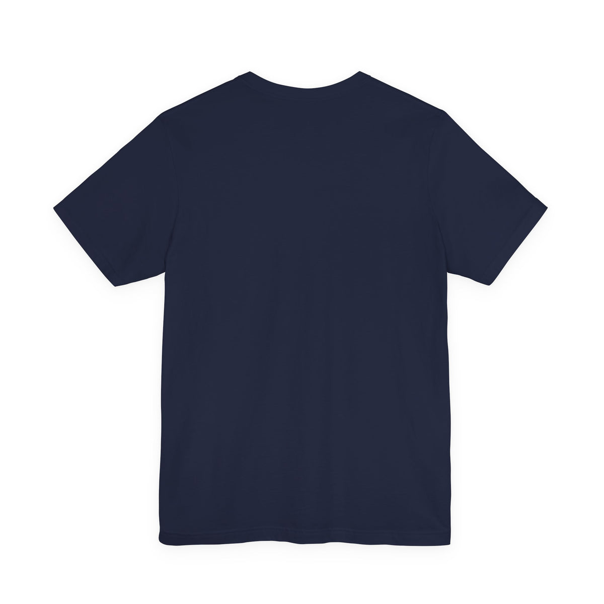 The back of a navy blue t-shirt against a white background.
