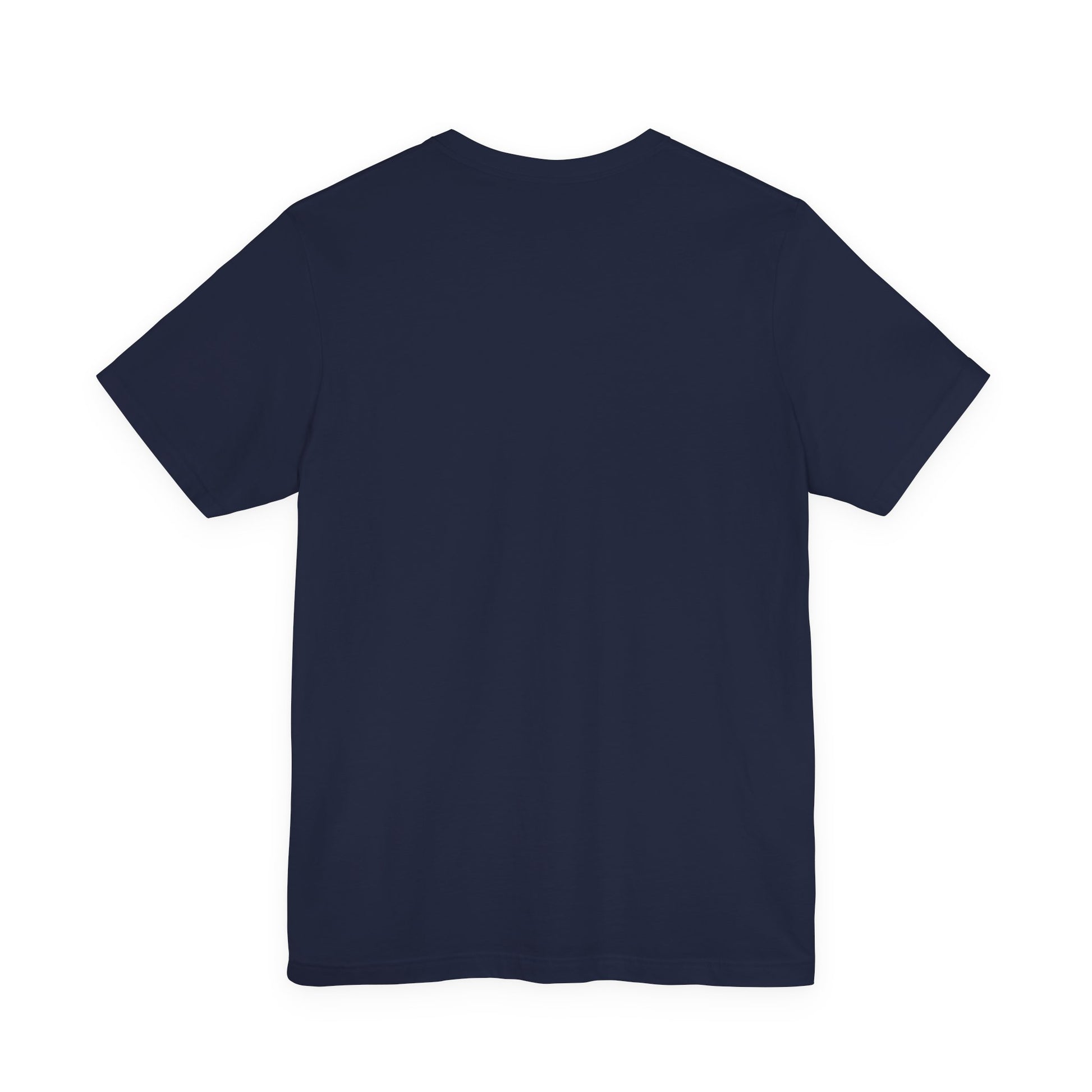The back of a navy blue t-shirt against a white background.
