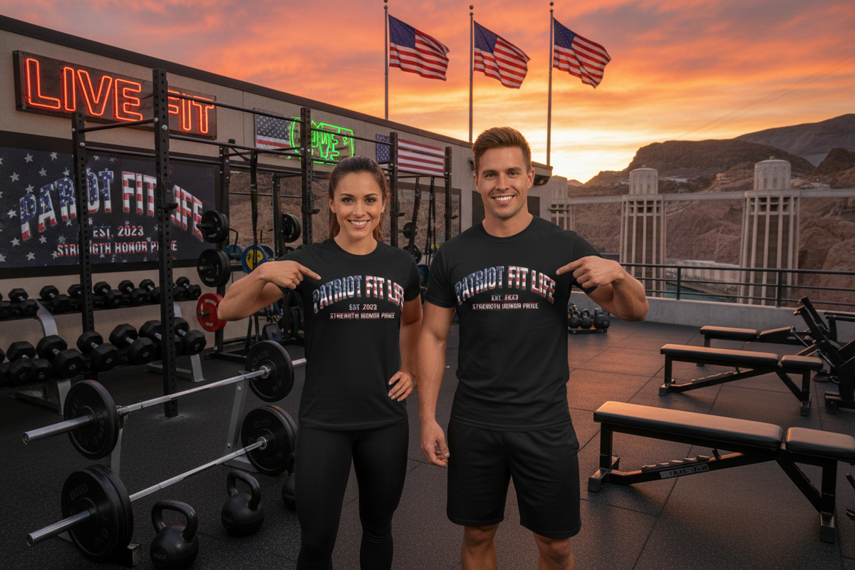 A man and a woman standing in a gym at sunset, both wearing matching black t-shirts with 'Patriot Fit Life' printed across the chest. The background shows weight equipment, American flags, and a desert landscape under a dramatic orange sky.