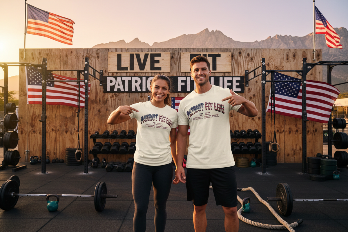 A man and a woman standing in a rustic outdoor fitness gym wearing matching white t-shirts with 'PATRIOT FIT LIFE' printed on the front, pointing at the text. The background features a wooden wall with the same slogan, American flags, and gym equipment.