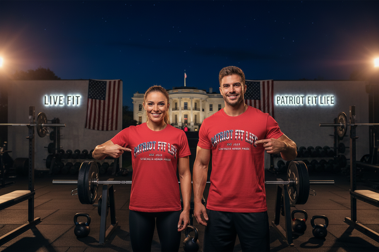 A man and a woman stand in a gym in front of the White House at night, both wearing matching red athletic T-shirts with the text 'PATRIOT FIT LIFE' and pointing to their chests. Neon signs reading 'LIVE-FIT' and 'PATRIOT FIT LIFE' are visible on either side, with weight racks and kettlebells in the background.