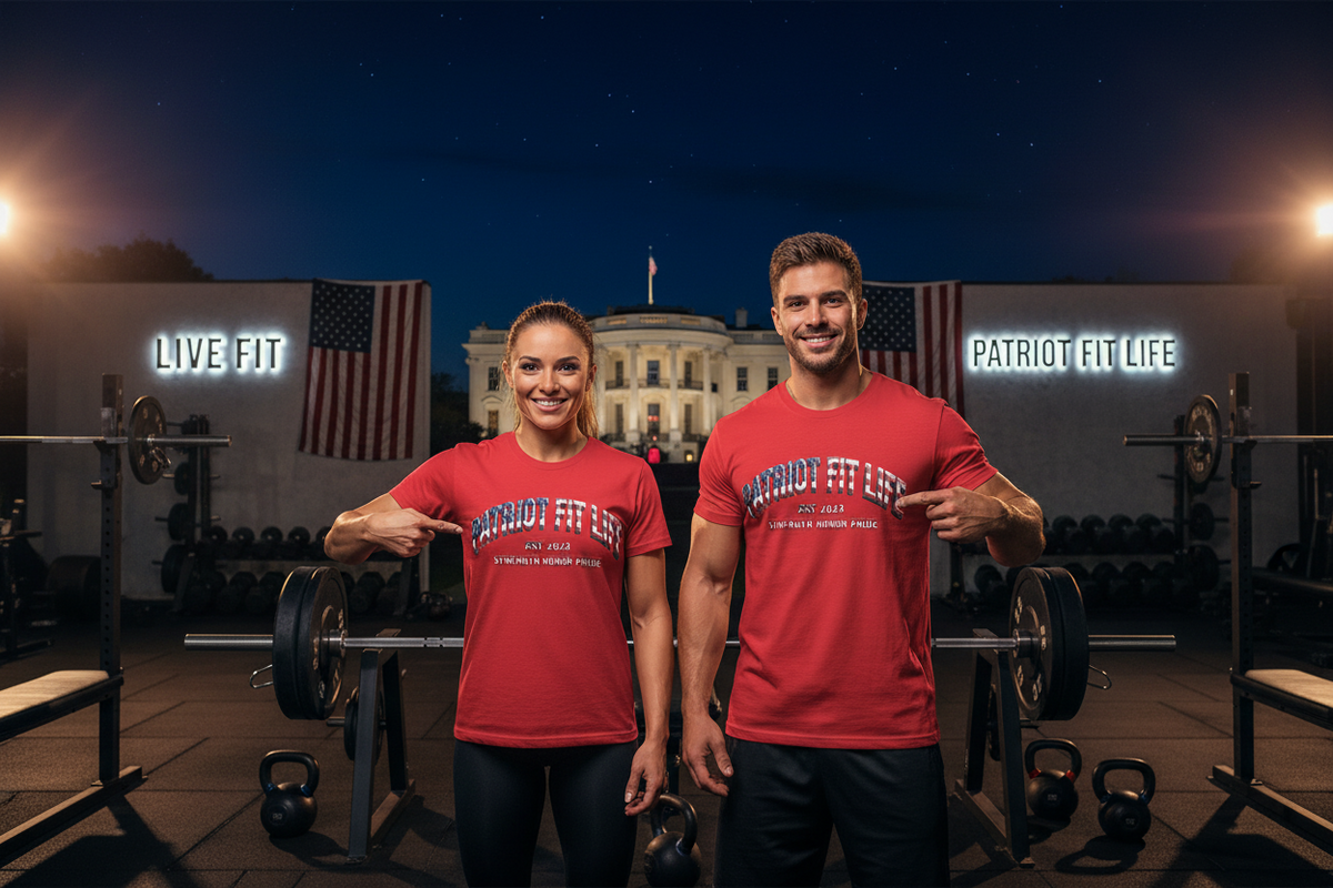 A man and a woman stand in a gym in front of the White House at night, both wearing matching red athletic T-shirts with the text 'PATRIOT FIT LIFE' and pointing to their chests. Neon signs reading 'LIVE-FIT' and 'PATRIOT FIT LIFE' are visible on either side, with weight racks and kettlebells in the background.