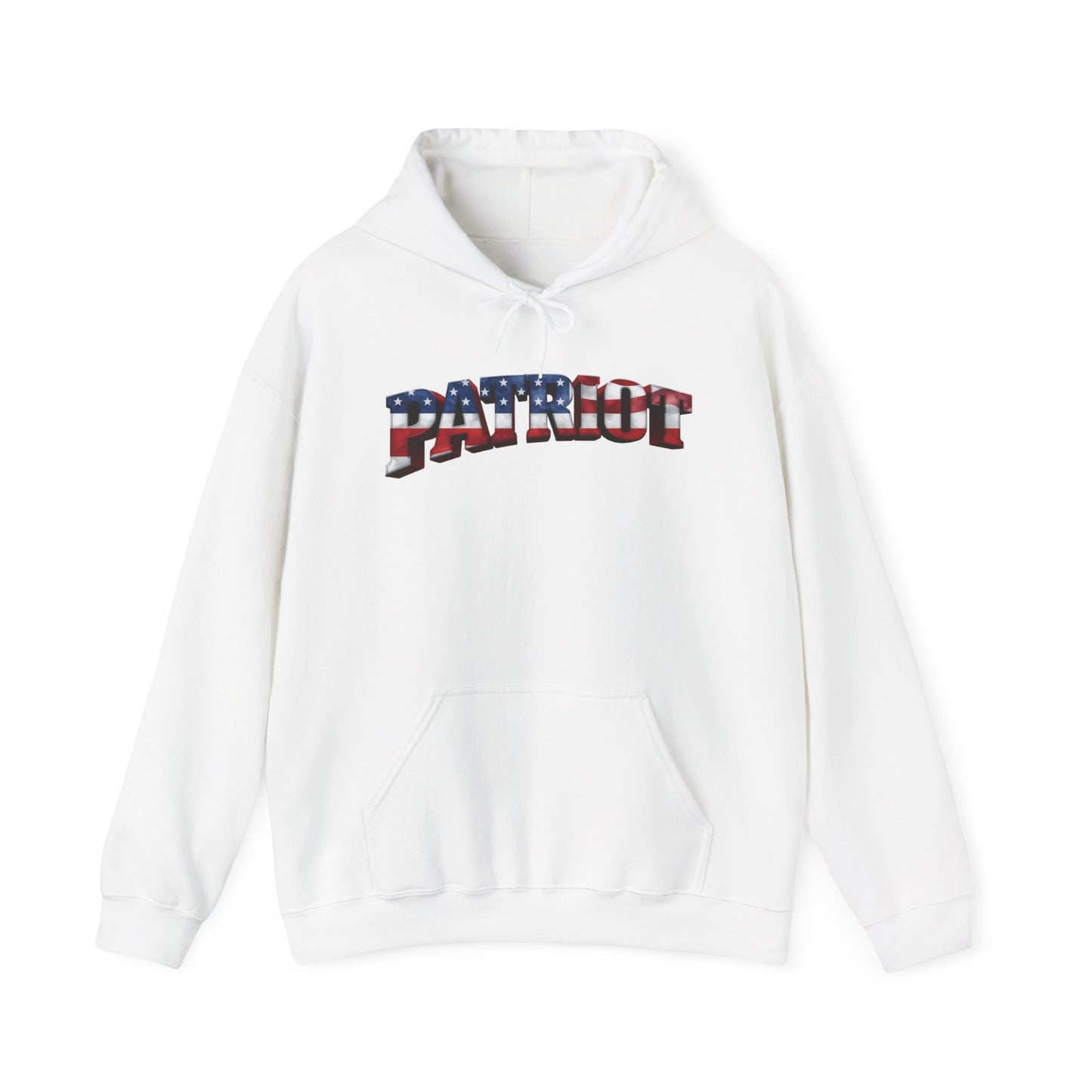 A white pullover hoodie with a front kangaroo pocket and a drawstring hood, featuring a 'PATRIOT' graphic across the chest in red, white, and blue.