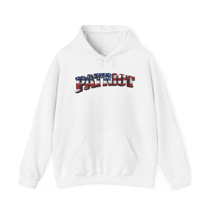 A white pullover hoodie with a front kangaroo pocket and a drawstring hood, featuring a 'PATRIOT' graphic across the chest in red, white, and blue.