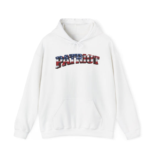 A white pullover hoodie with a front kangaroo pocket and a drawstring hood, featuring a 'PATRIOT' graphic across the chest in red, white, and blue.