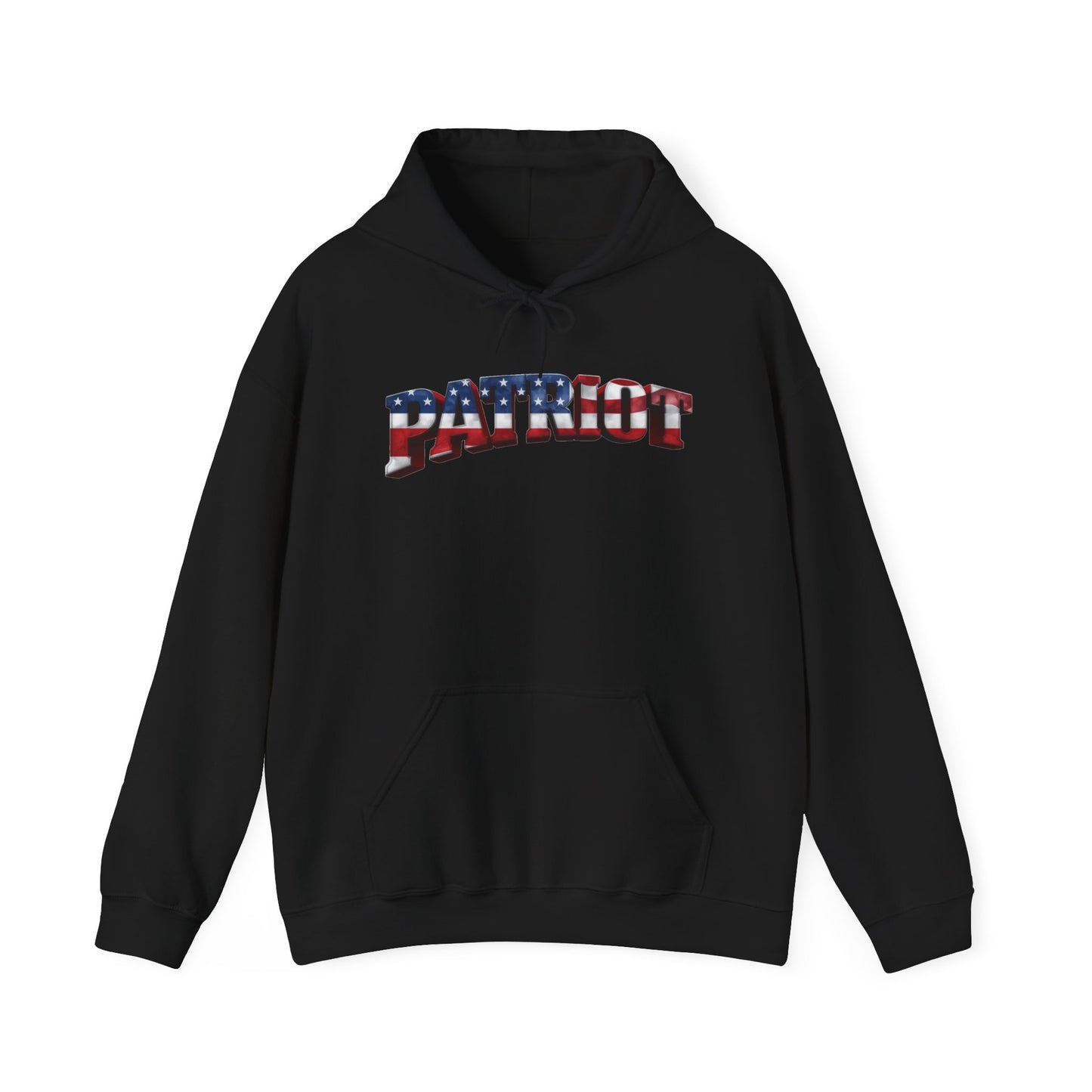 Black hoodie with motivational PATRIOT text across the chest against a white background.