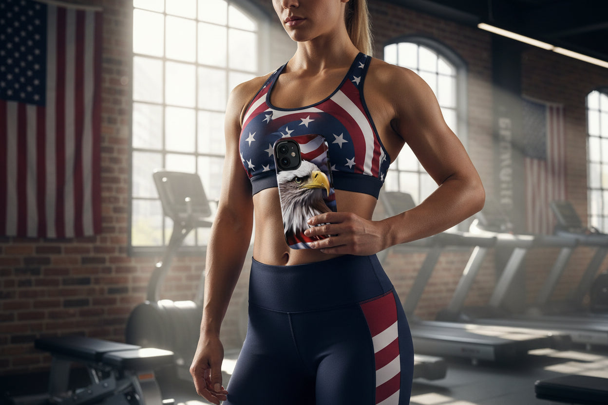 A woman in an indoor gym wearing a sports bra and leggings with an American flag and bald eagle cell phone cover design.