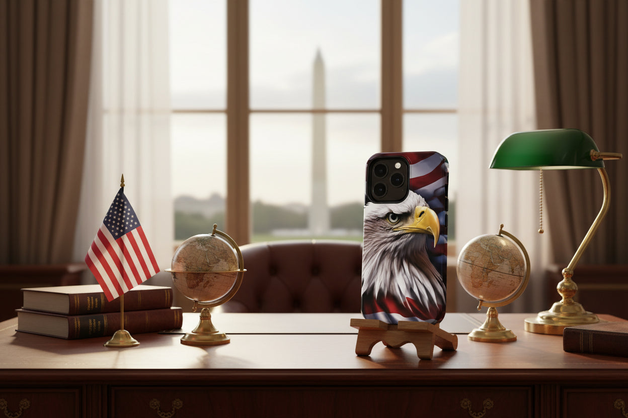 A phone case with an American flag and bald eagle design on a desk with books, an American flag, and a globe.
