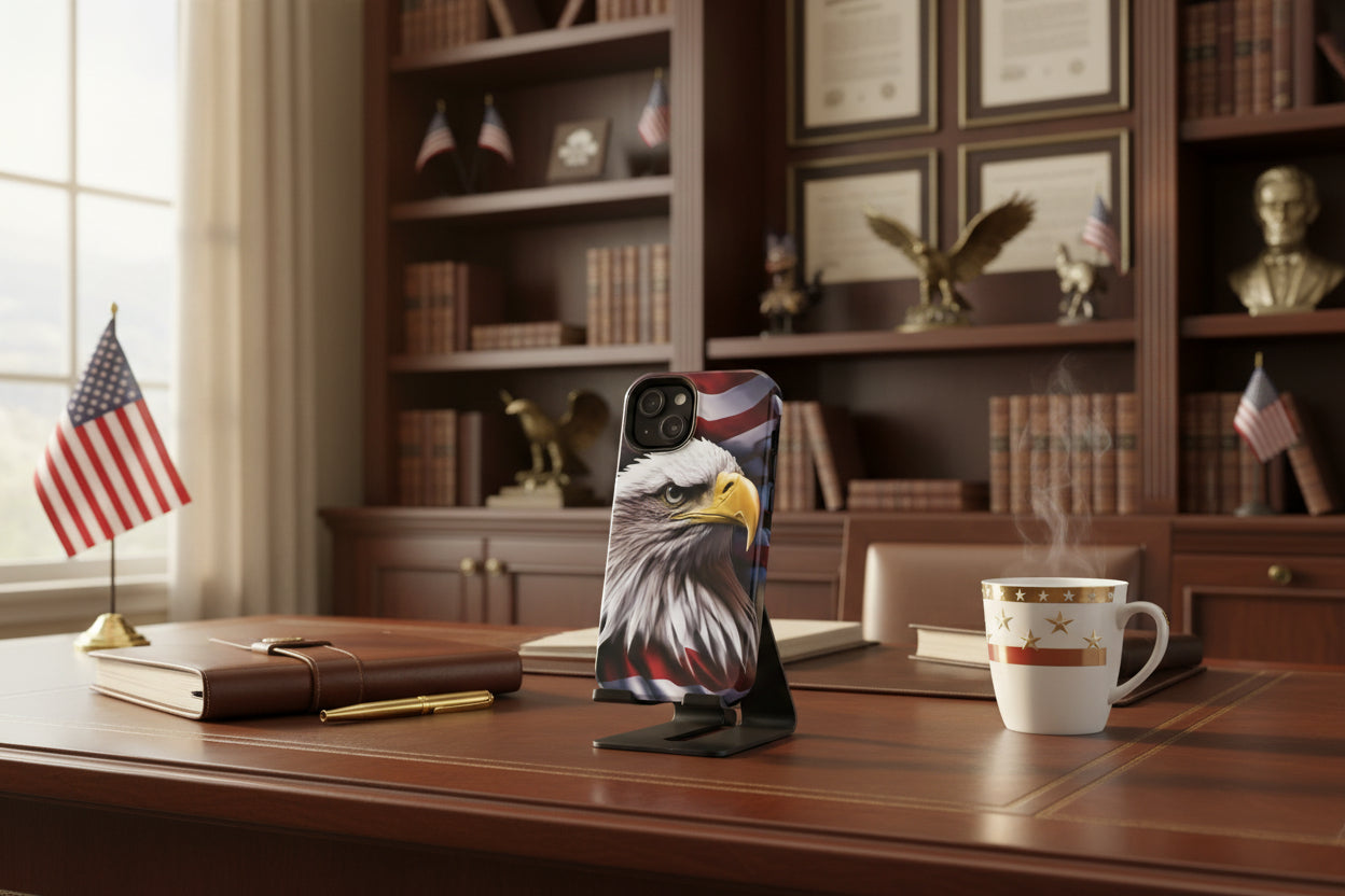 A phone case with an American flag and bald eagle design on a desk in a room with bookshelves and an American flag.