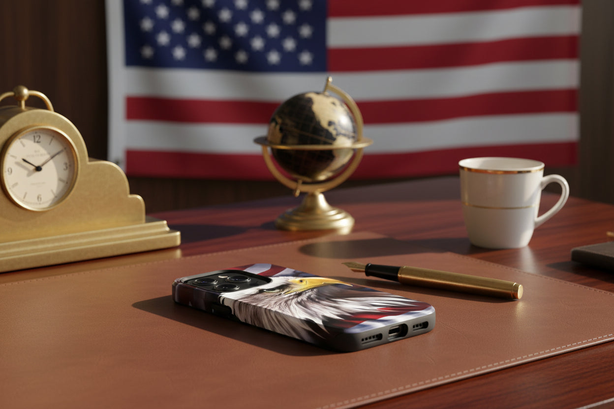 A phone case with an American flag and bald eagle design on a desk with an American flag in the background. 