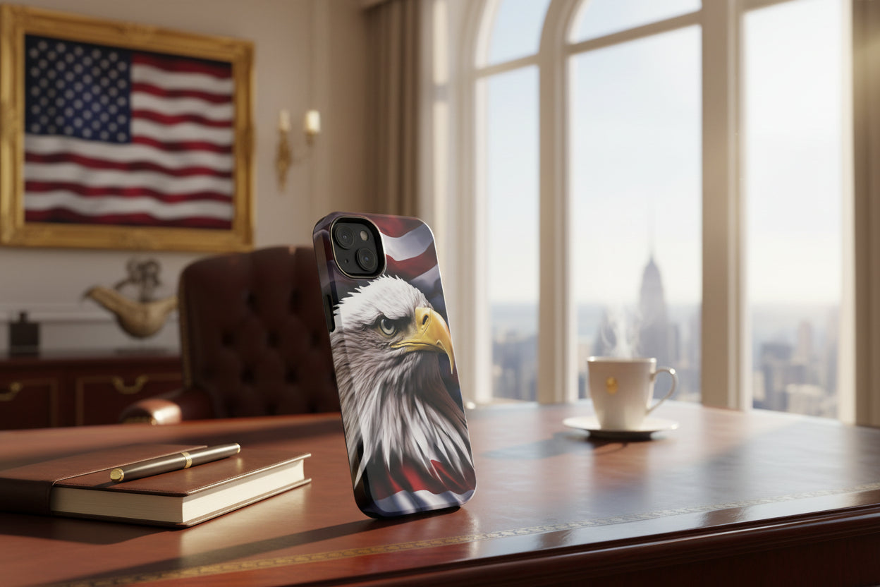 Phone case with an American flag and bald eagle design on a desk with a cityscape view.