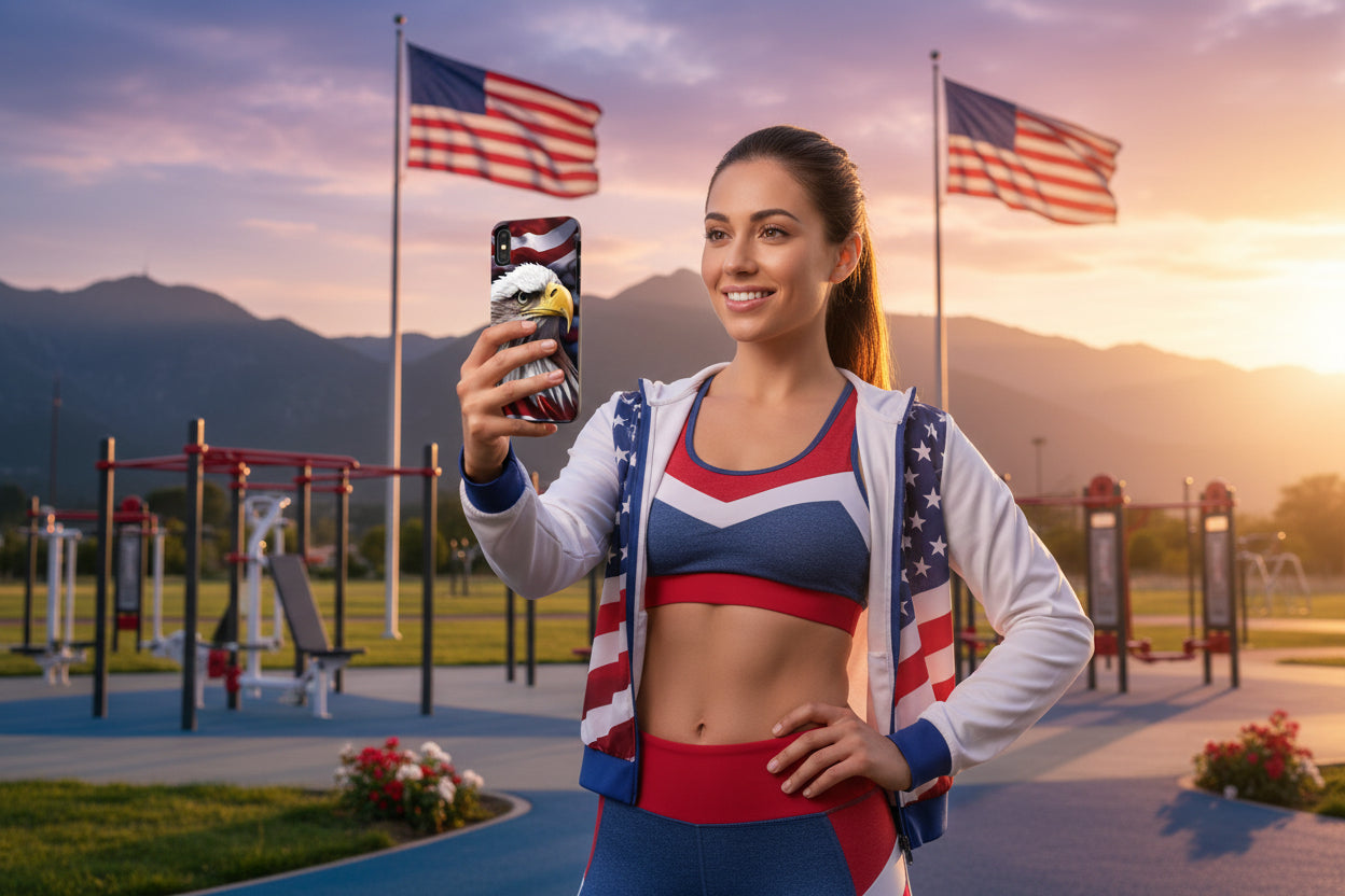 Woman in athletic wear with an eagle and an American flag phone cover design taking a selfie outdoors.
