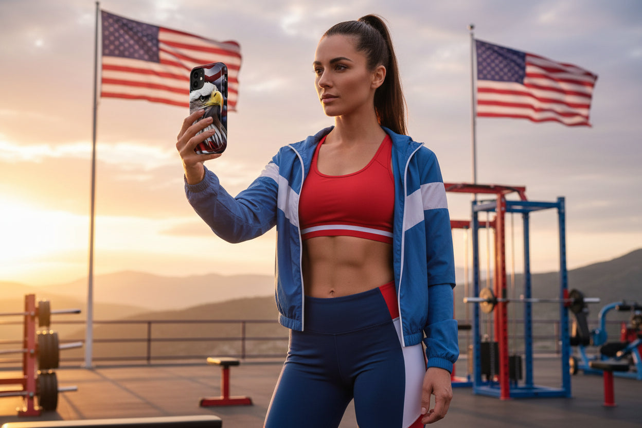 Woman taking a selfie outdoors with American flags in the background.