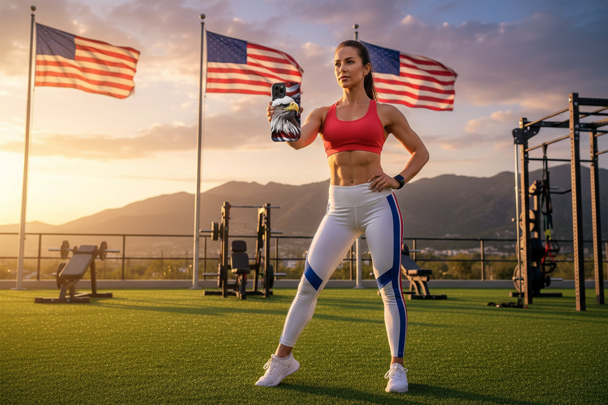 A woman in athletic wear showing a bald eagle and American flag cell phone cover standing in a park with American flags and mountains in the background.