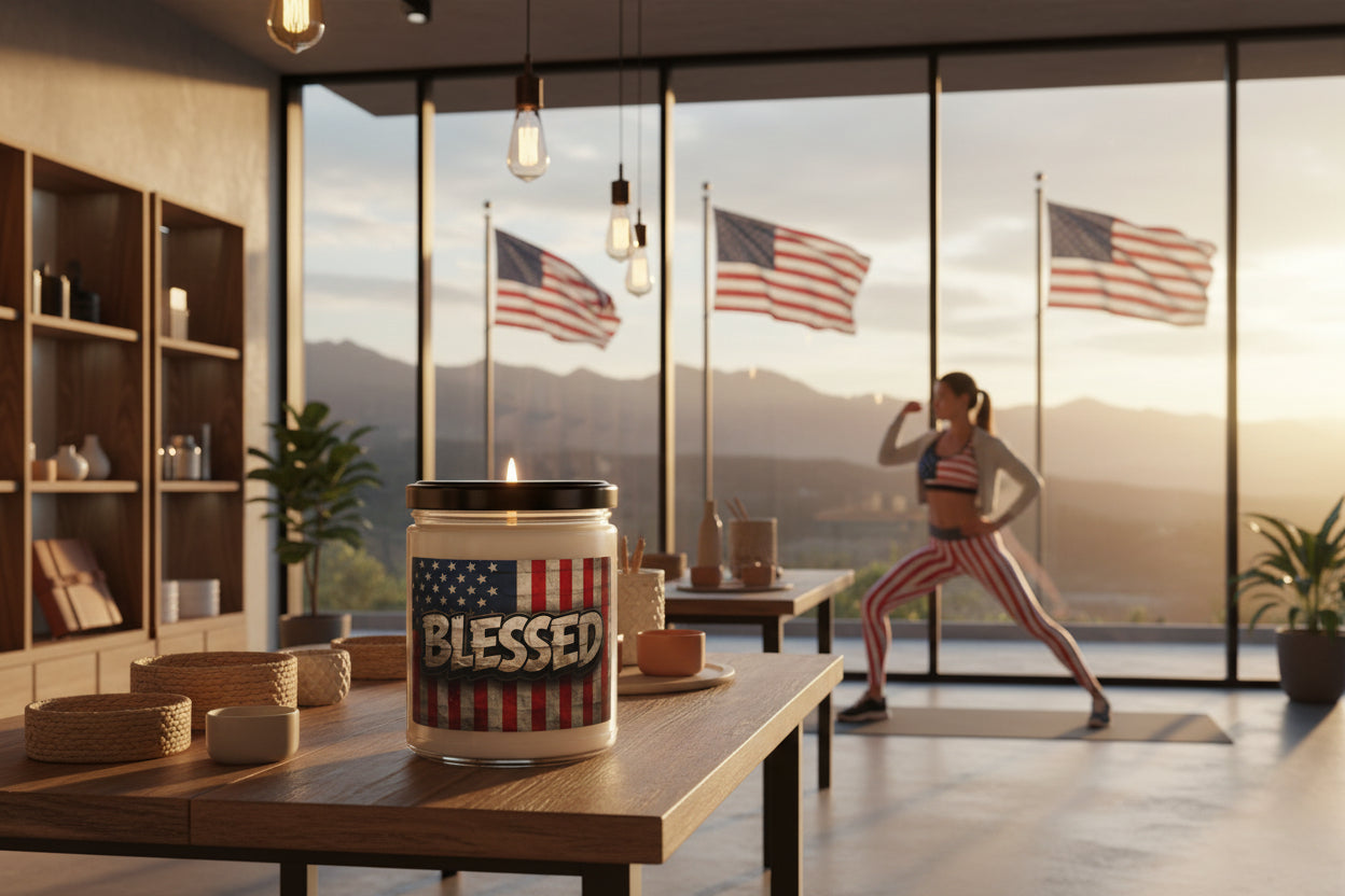 A woman exercising in a modern living room with American flags and a 'Blessed' candle container.