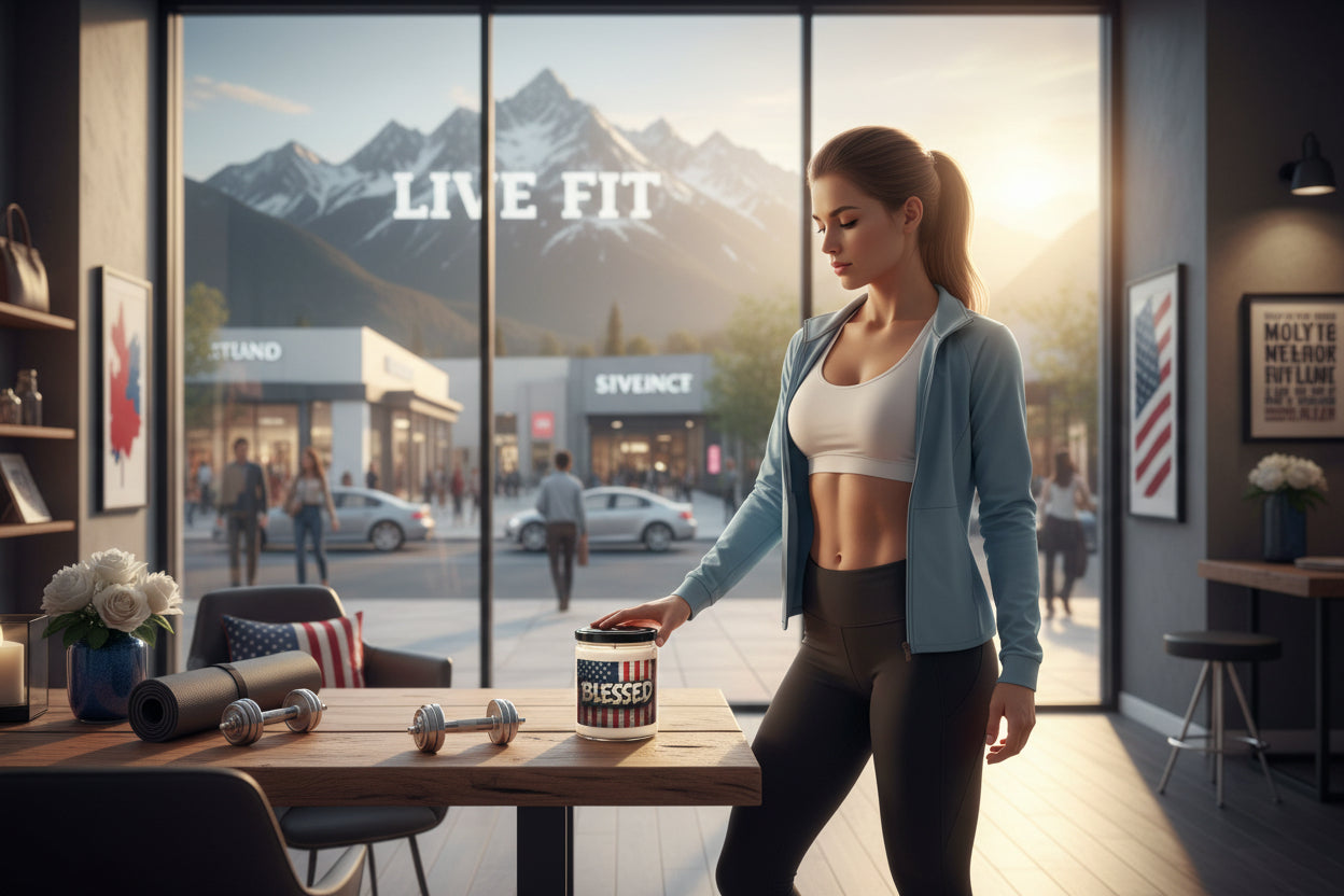 Woman in athletic wear standing in a modern interior space with 'Live Fit' branding.
