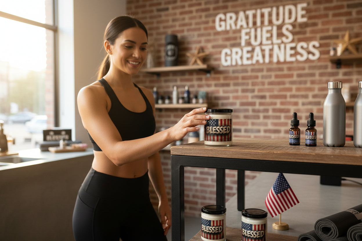 Candle jar with American flag design and 'BLESSED' text.