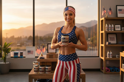 A woman in patriotic workout gear holding a BLESSED candle container in a room with large windows and shelves.