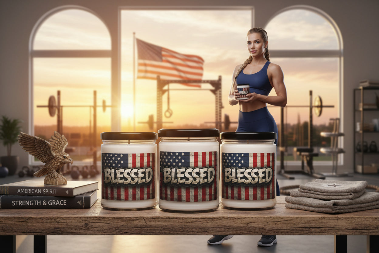 A woman in a gym setting with 'Blessed' candles on a table.