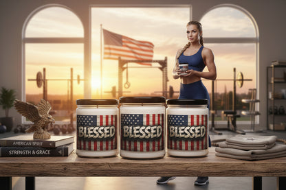 A woman in a gym setting with 'Blessed' candles on a table.
