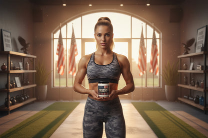 A woman holding a BLESSED candle container in a room with large windows and American flags.