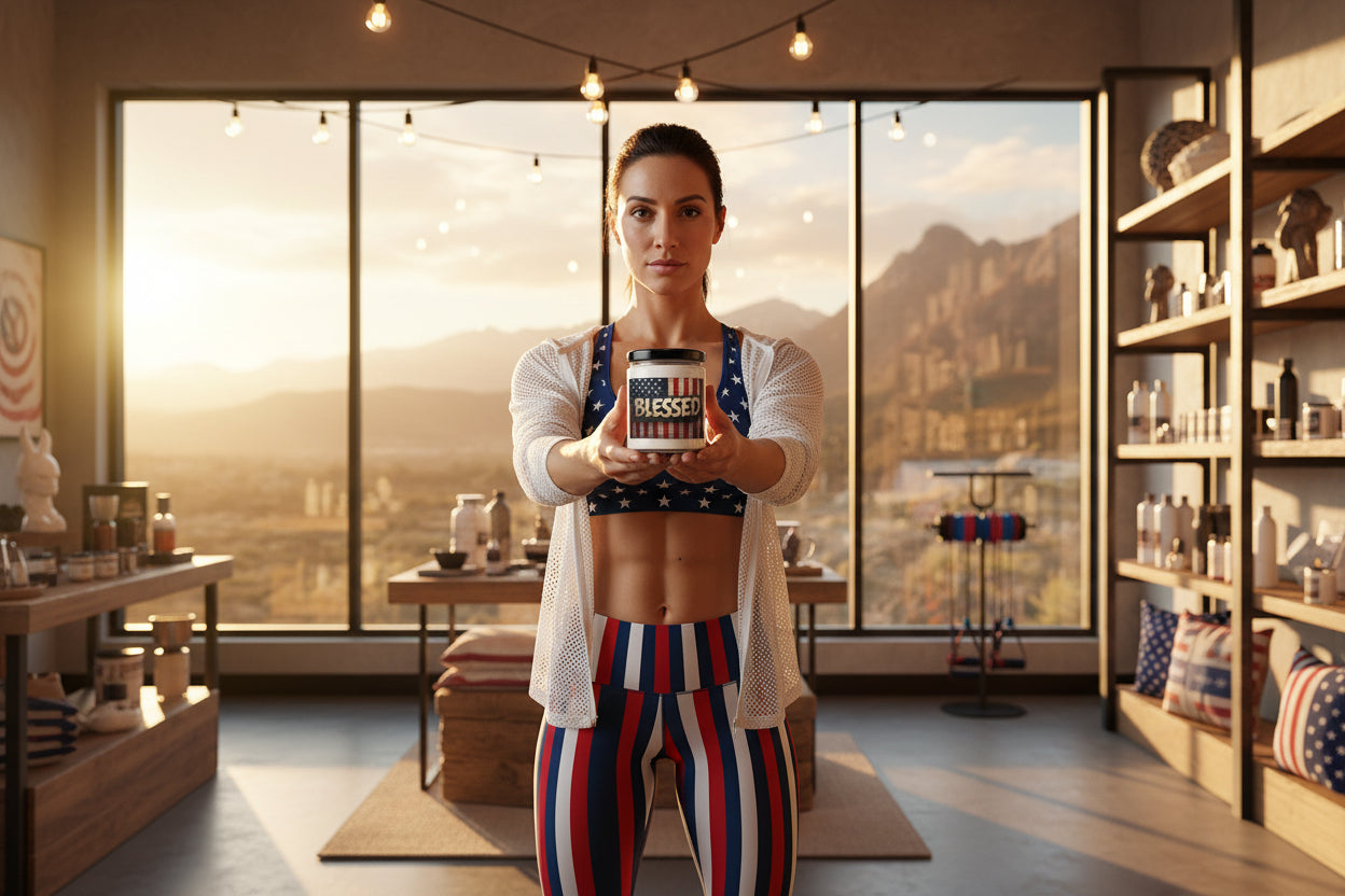 A woman holding a BLESSED candle container in a modern room with large windows.