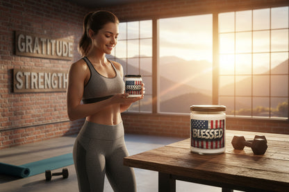 Woman holding a candle container in a gym setting with a 'Blessed' design.