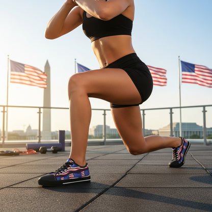A person in athletic wear and low-top American flag design shoes performing a lunge with American flags and the Washington Monument in the background.