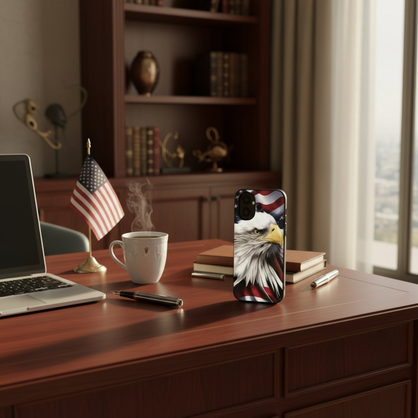 Phone case with an eagle design in front of an American flag