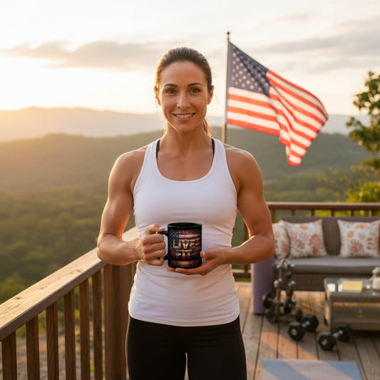Woman holding a mug with an American flag in the background