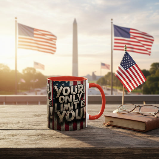 Mug with an American flag background and a motivational quote, Your Only Limit Is You! book and glasses on a wooden table with American flags and the Washington Monument in the background.