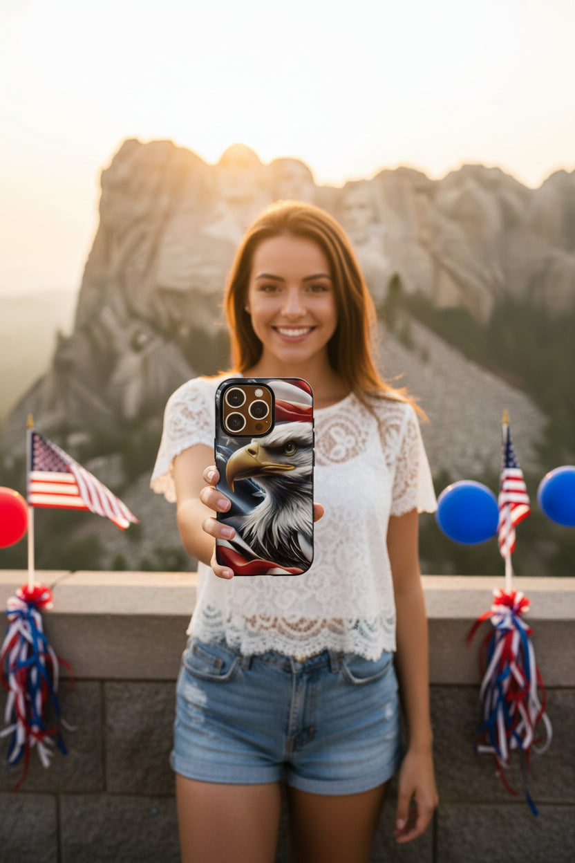 A woman holding a phone with an eagle American flag case in front of a scenic background with mountains and flags.